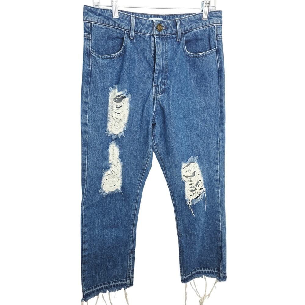 Mumu Blue Brooklyn High Rise Distressed Straight Crop Jeans Women's 30 Boho